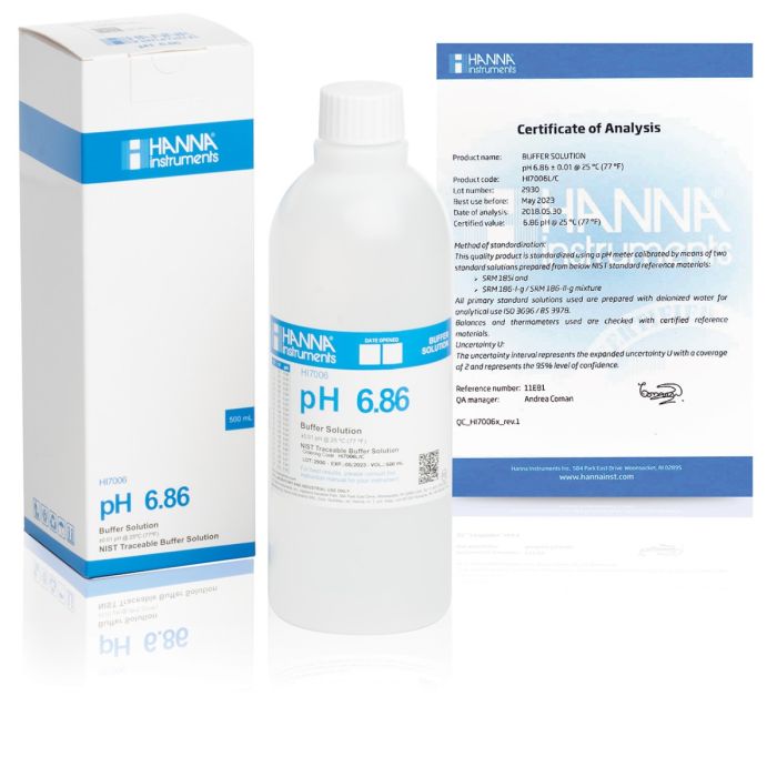 pH 6.86 @ 25°C Calibration Buffer with Certificate of Analysis, 500 mL bottle - HI7006L/C