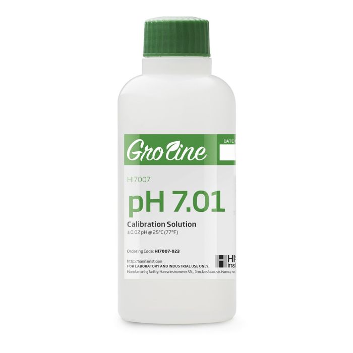 GroLine pH 7.01 Buffer Solution with Certificate of Analysis, 230 mL bottle - HI7007-023