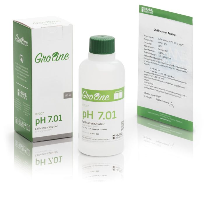 GroLine pH 7.01 Buffer Solution with Certificate of Analysis, 230 mL bottle - HI7007-023