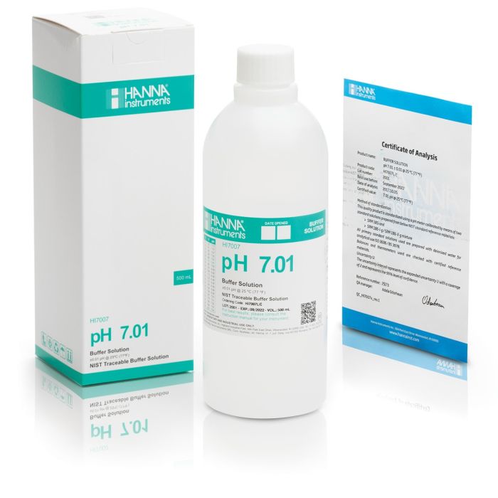 pH 7.01 @ 25°C Calibration Buffer with Certificate of Analysis, 500 mL bottle - HI7007L/C
