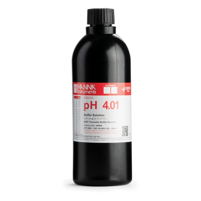 pH 4.01 @ 25°C  Calibration Buffer in FDA bottle with Certificate of Analysis, 500 ml - HI8004L/C